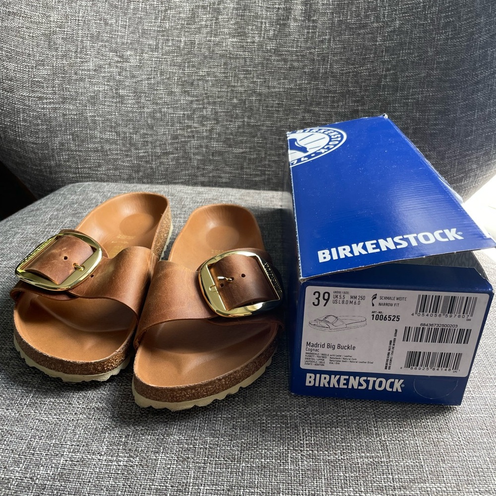 BIRKENSTOCK (Practically New) Cognac Brown Leather Madrid Sandals w Large Buckle
